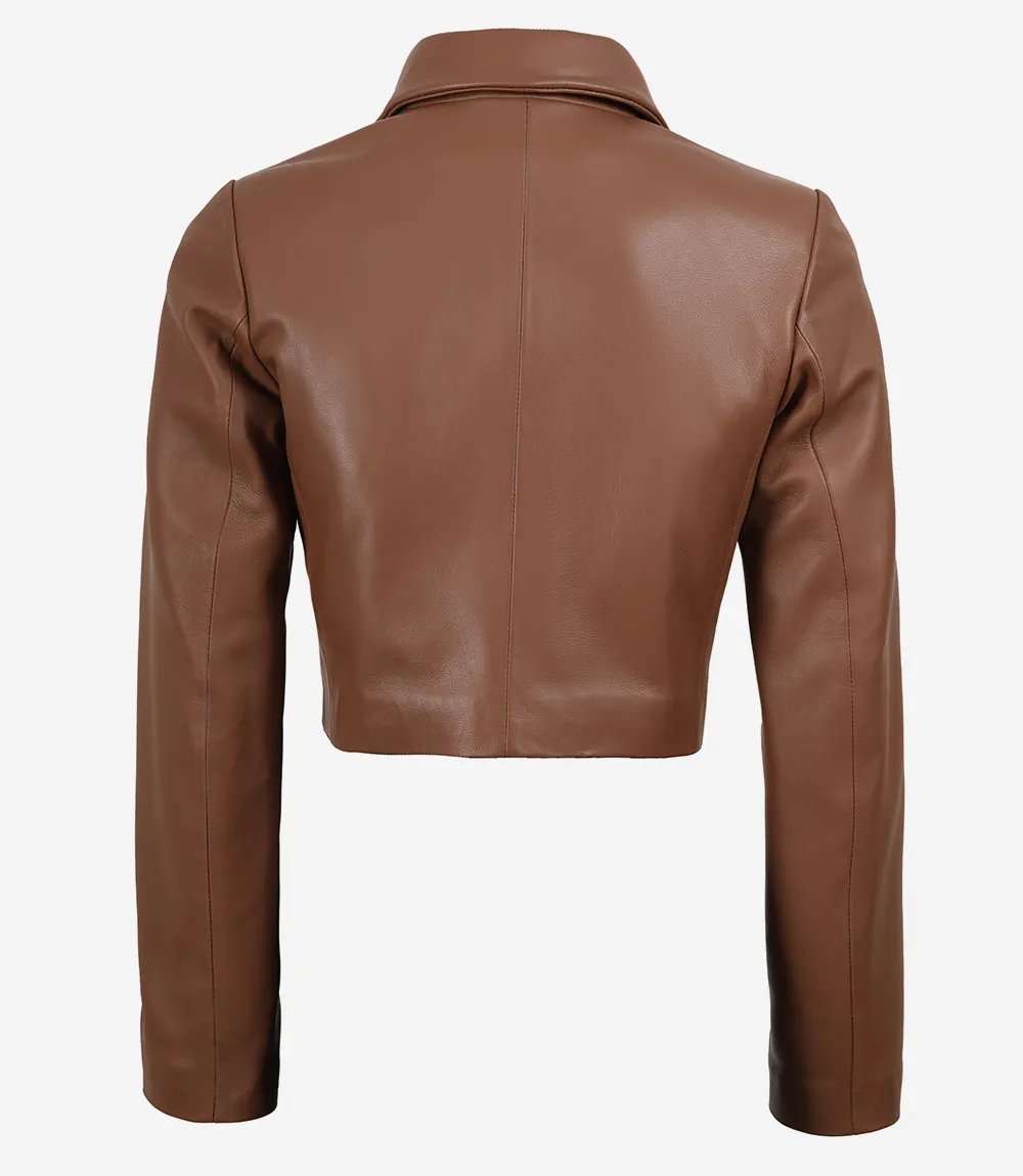 Amara — women's cognac genuine leather blazer, back view | Not A Gentleman