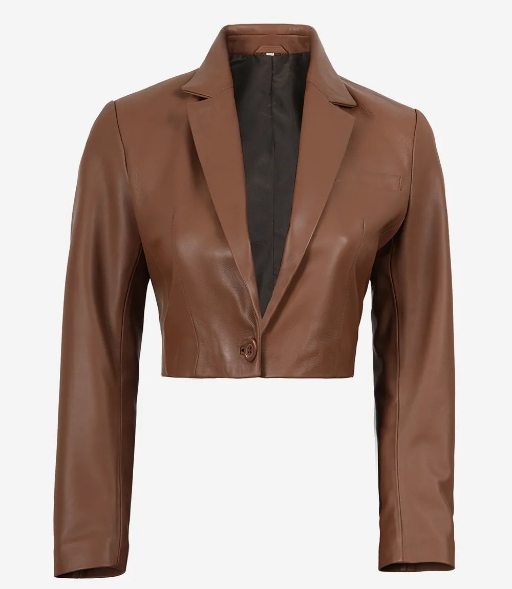 Amara — women's cognac genuine leather blazer, front view, button| Not A Gentleman
