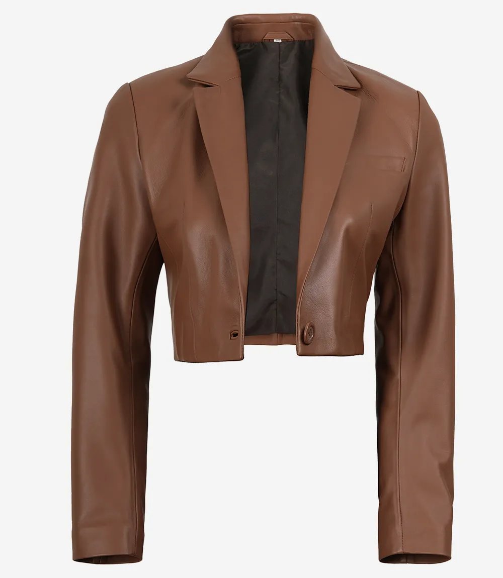Amara — women's cognac genuine leather blazer, front view, dummyopen | Not A Gentleman