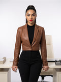 Amara — women's cognac genuine leather blazer, front view | Not A Gentleman