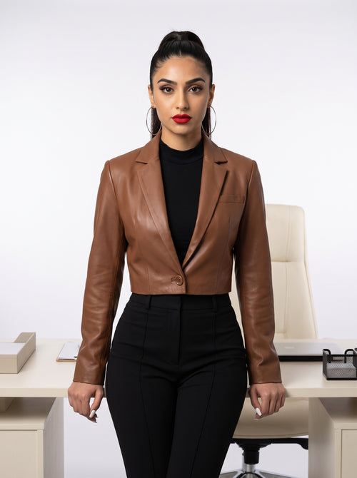 Amara — women's cognac genuine leather blazer, front view | Not A Gentleman