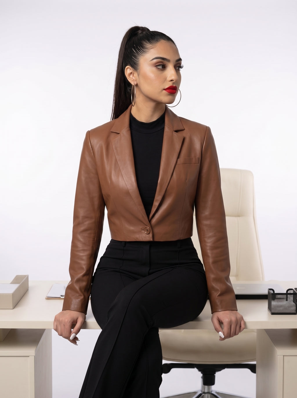 Amara — women's cognac genuine leather blazer, lifestyle view | Not A Gentleman