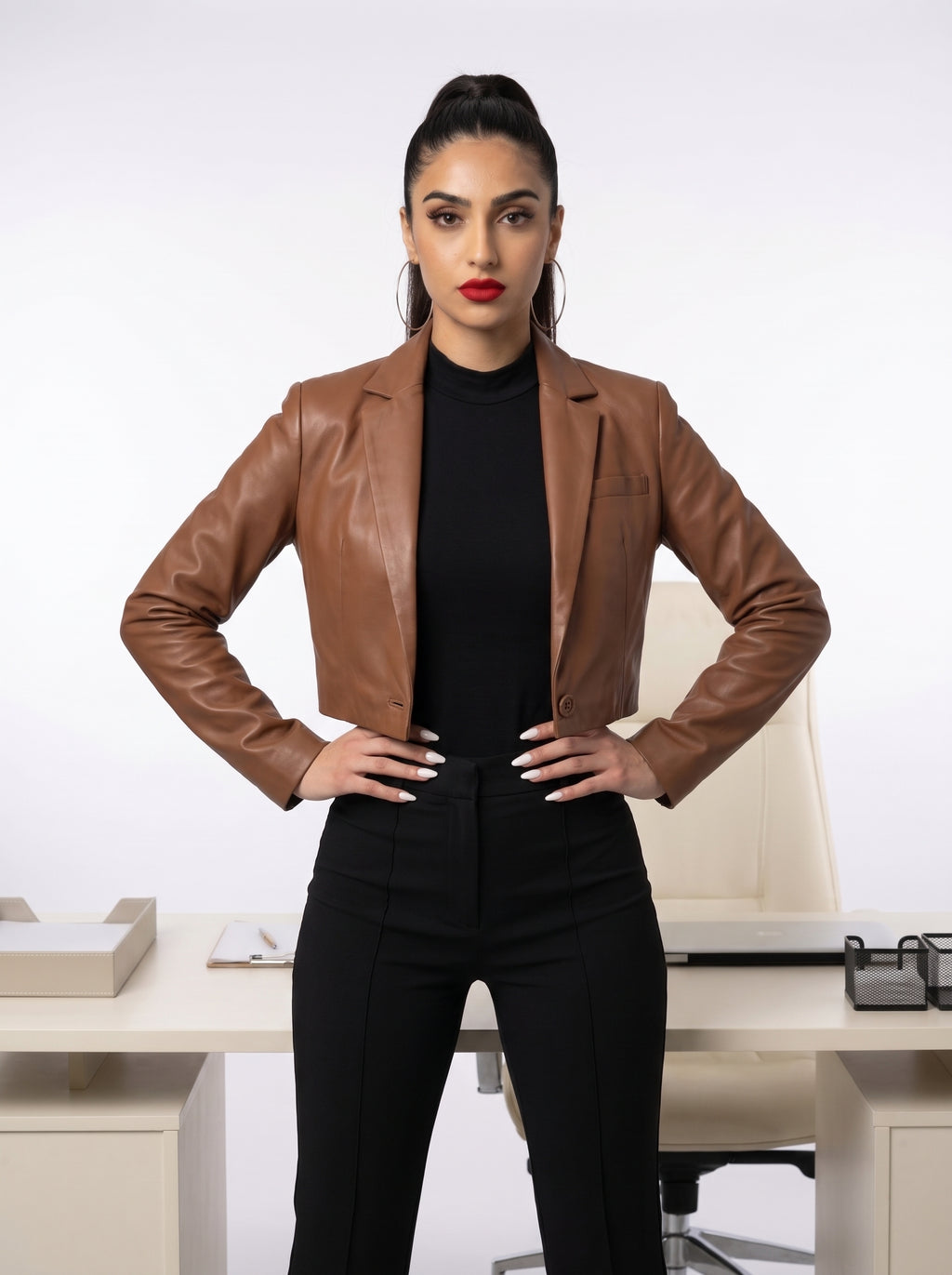 Amara — women's cognac genuine leather blazer, styled view | Not A Gentleman