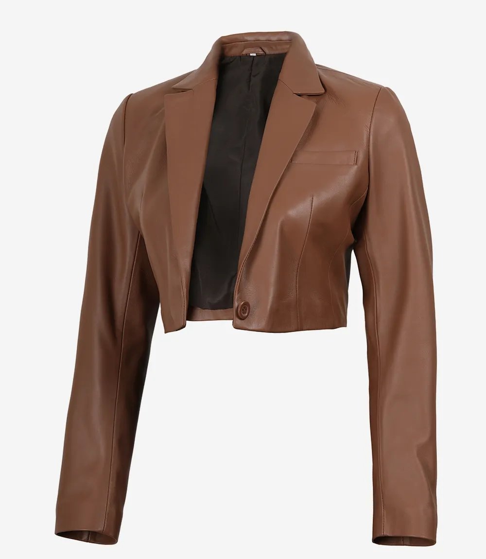 Amara — women's cognac genuine leather blazer, three-quarter view | Not A Gentleman