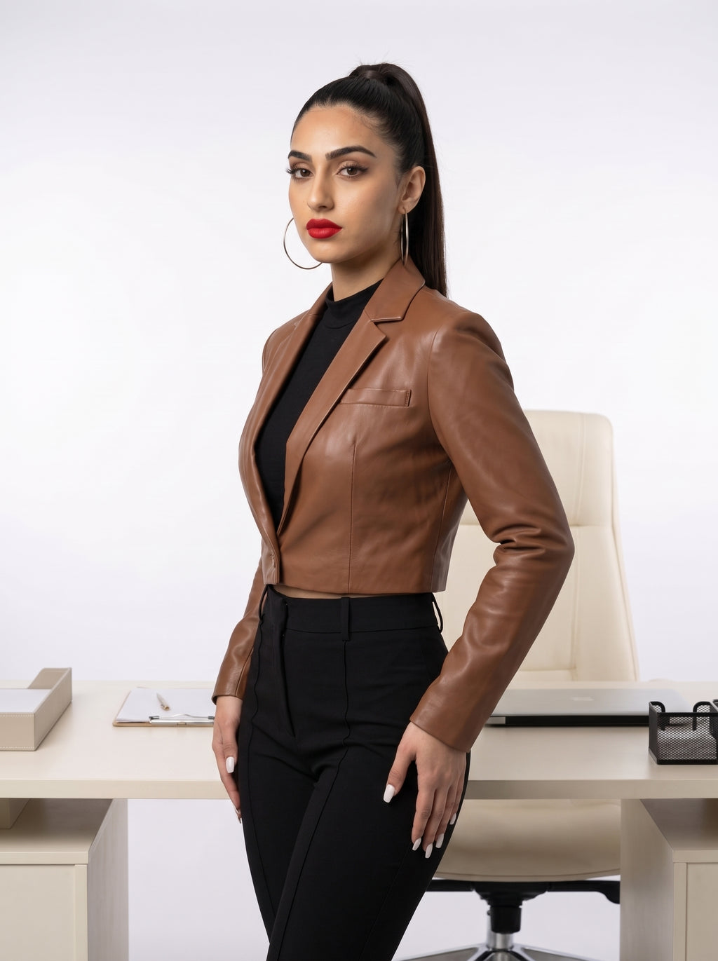 Amara — women's cognac genuine leather blazer, three-quarter view | Not A Gentleman