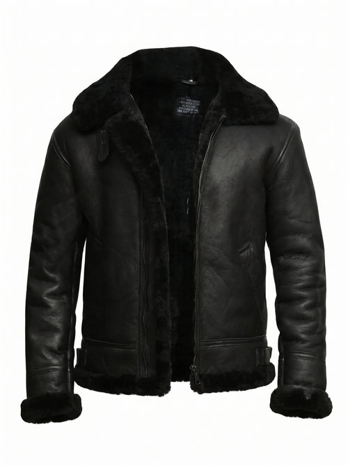 Blackbird — men's black genuine shearling leather bomber jacket, front view dummy| Not A Gentleman
