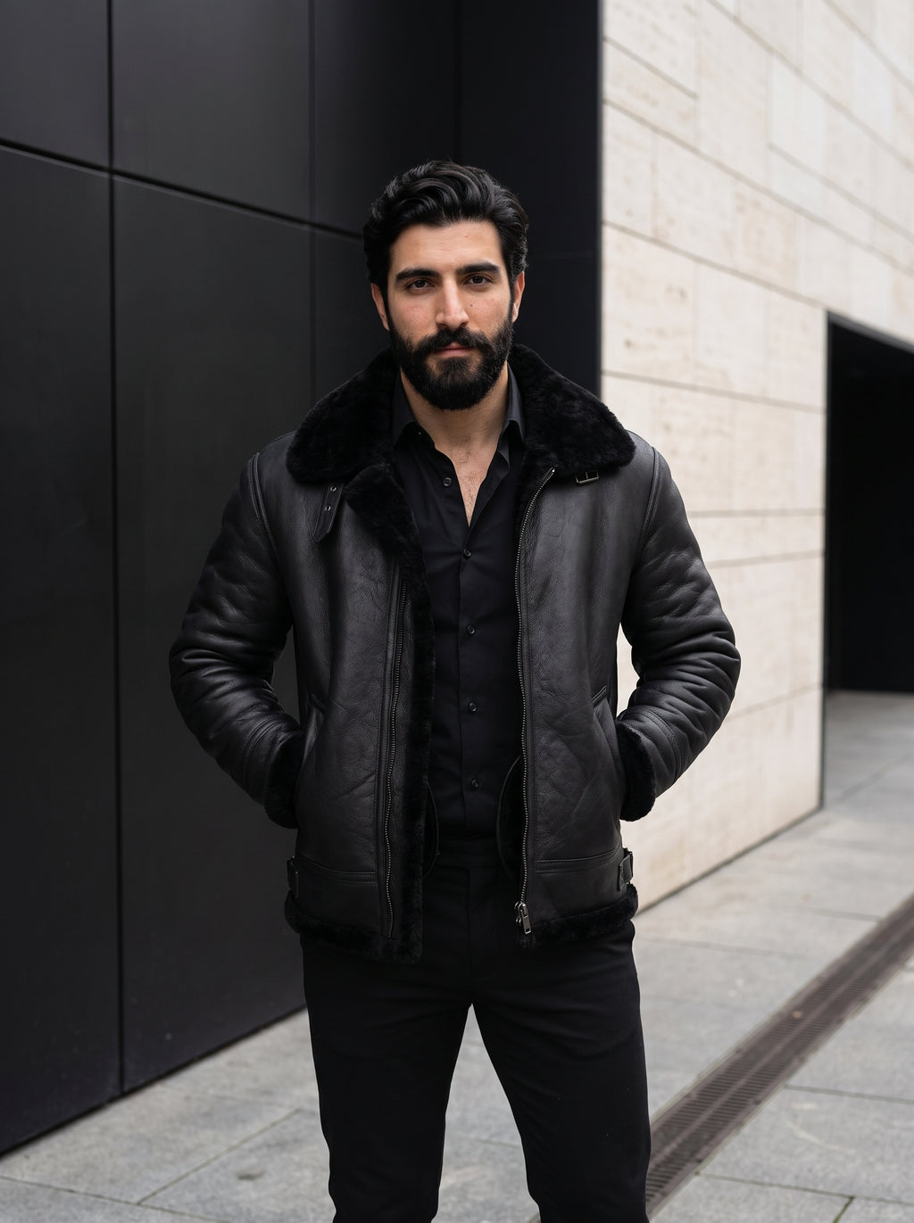 Blackbird — men's black genuine shearling leather bomber jacket, front view | Not A Gentleman