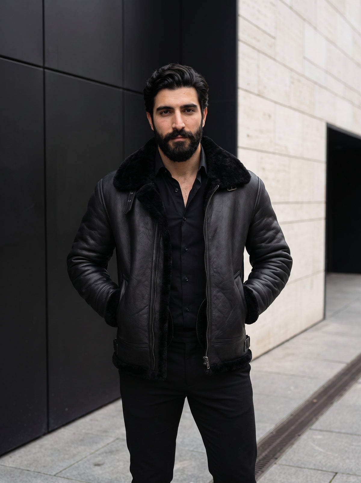 Blackbird — men's black genuine shearling leather bomber jacket, front view | Not A Gentleman