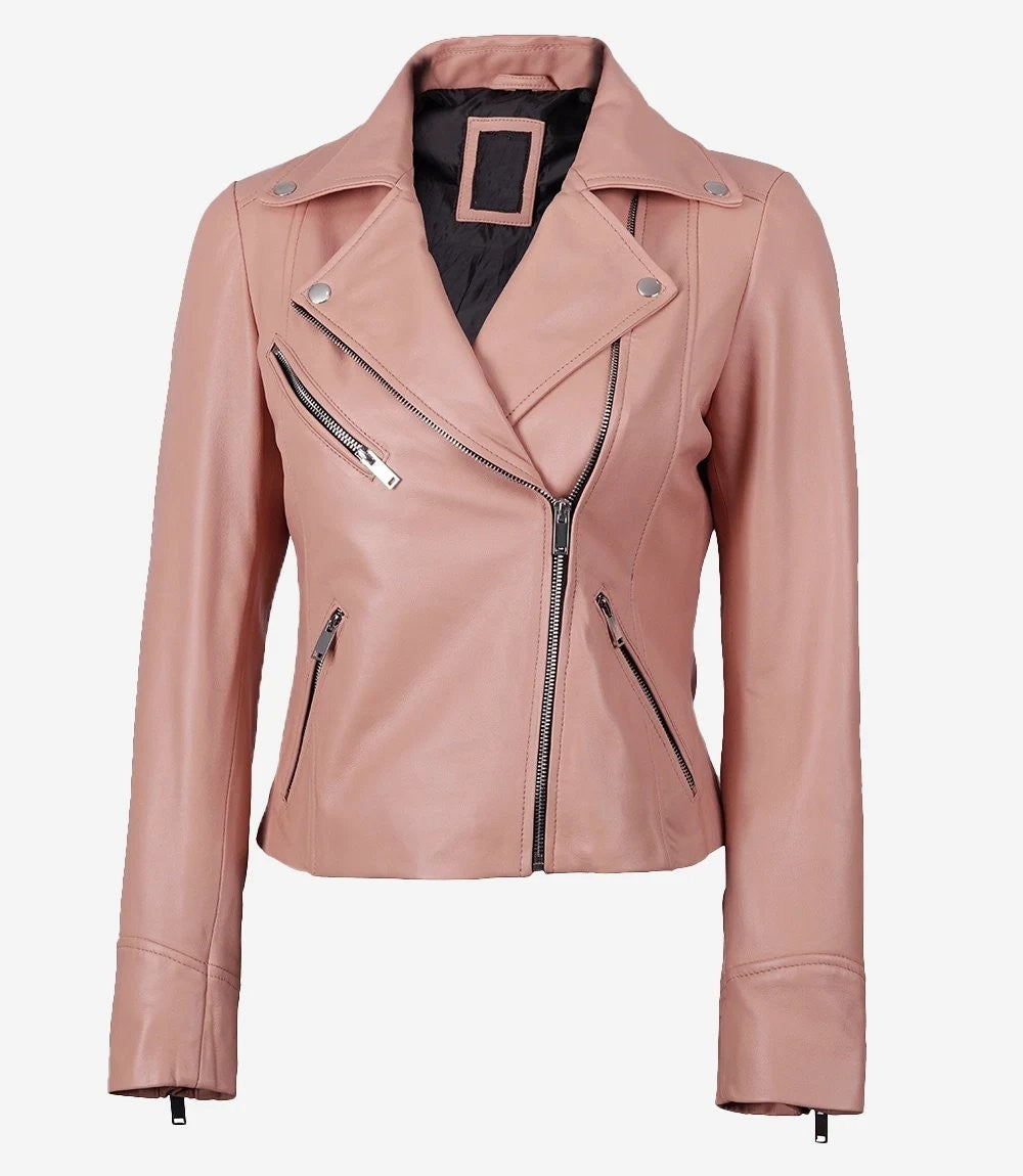 Blush — women's pink genuine leather jacket, front view zipped dummy| Not A Gentleman