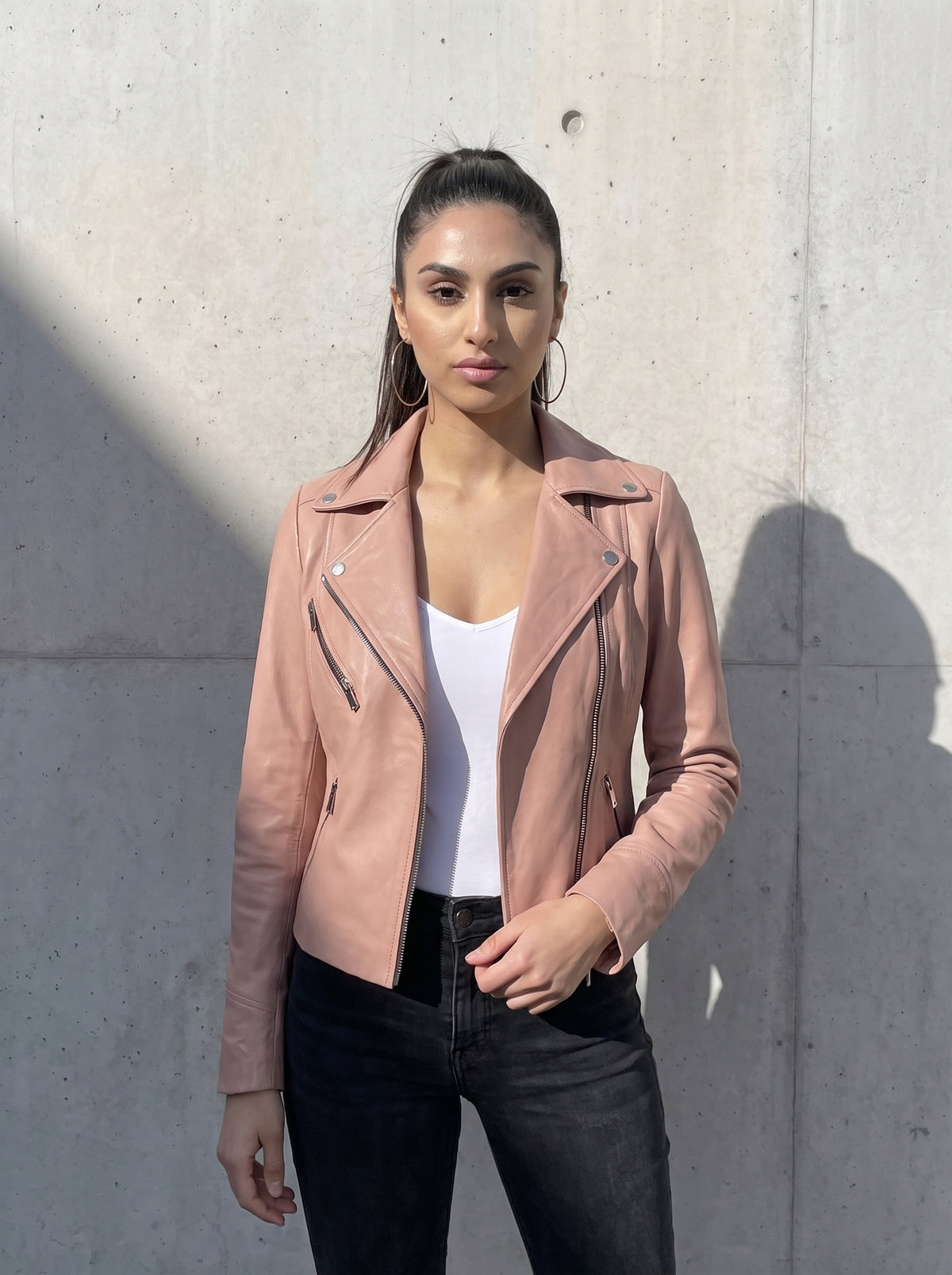 Blush — women's pink genuine leather jacket, front view | Not A Gentleman