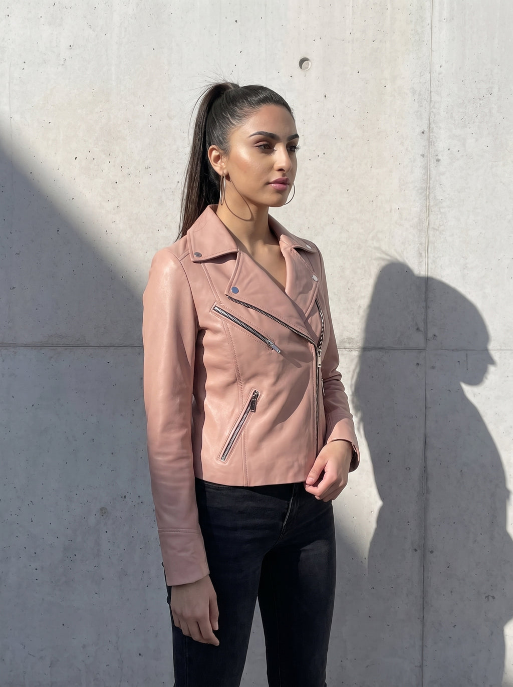 Blush — women's pink genuine leather jacket, three-quarter view | Not A Gentleman