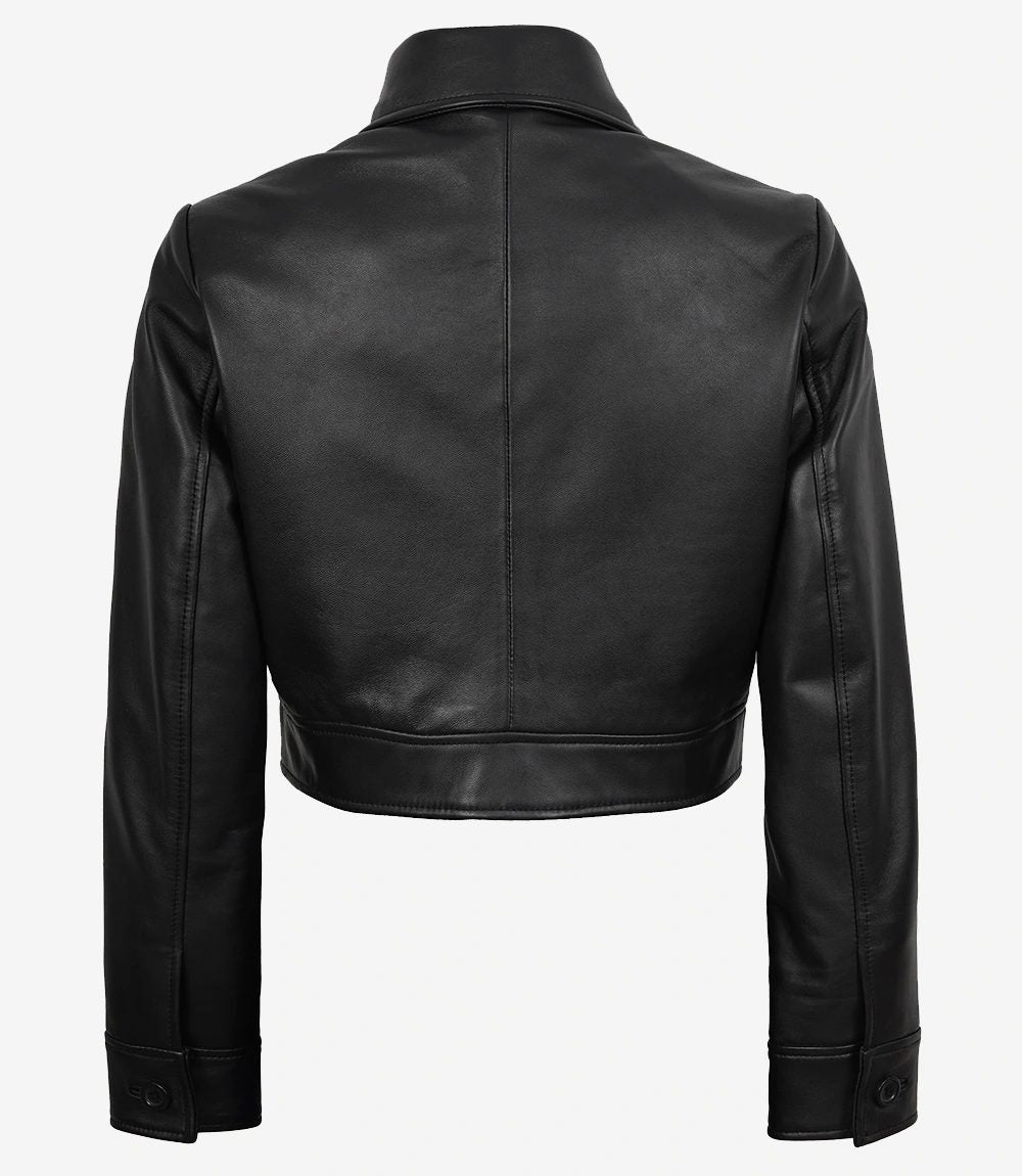 Frankie — women's black genuine leather cropped jacket, back view | Not A Gentleman