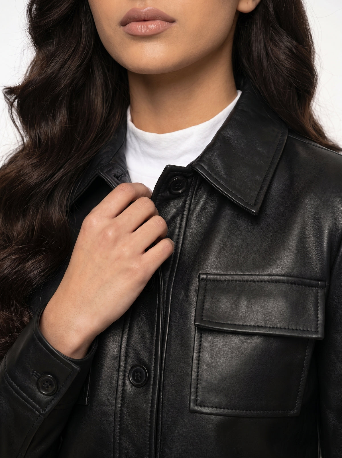 Frankie — women's black genuine leather cropped jacket, shirt collar detail | Not A Gentleman