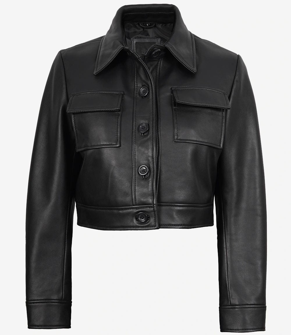 Frankie — women's black genuine leather cropped jacket, front view dummy | Not A Gentleman
