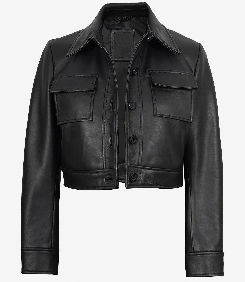 Frankie — women's black genuine leather cropped jacket, front view, dummy open | Not A Gentleman