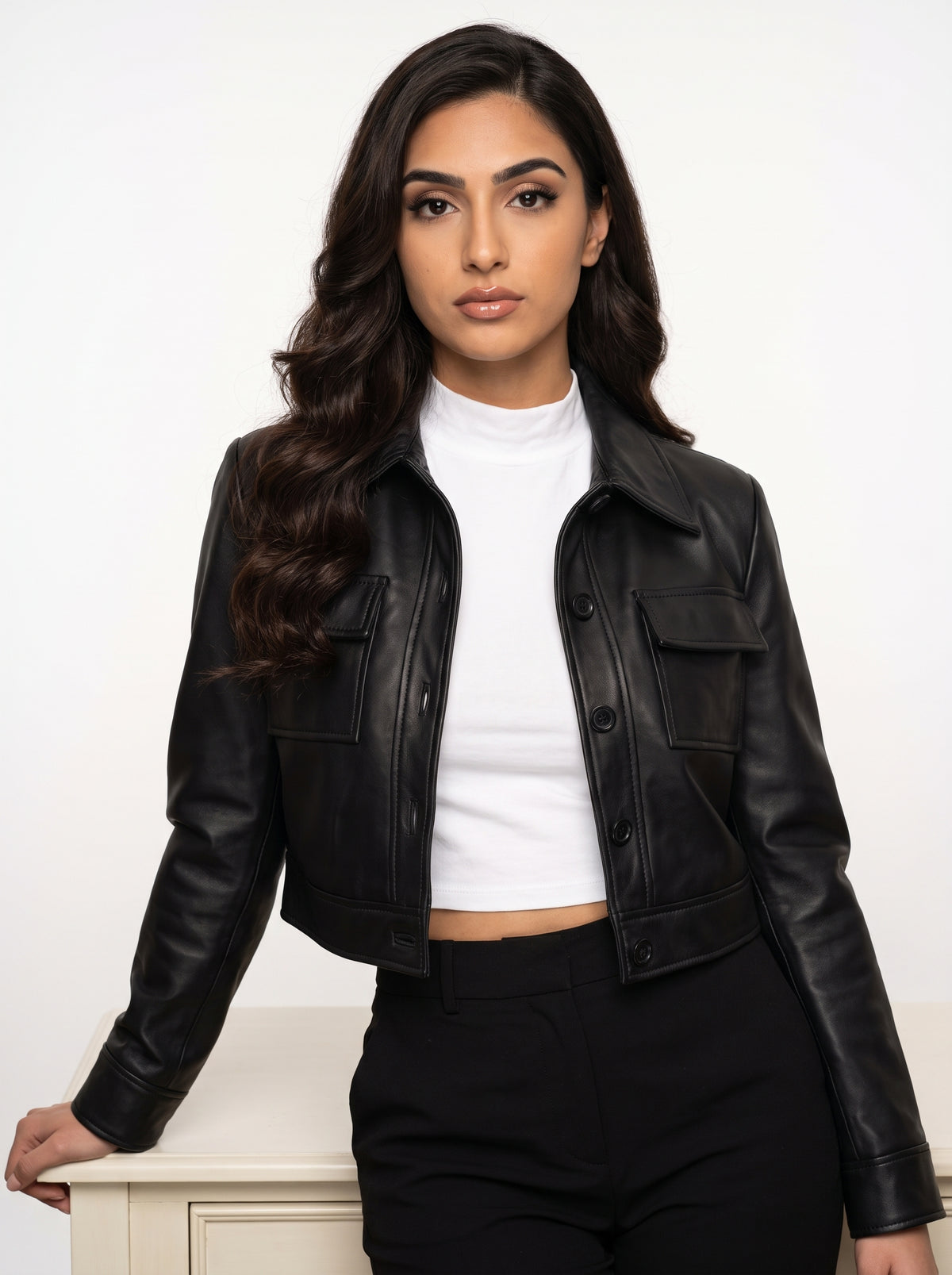 Frankie — women's black genuine leather cropped jacket, front view | Not A Gentleman