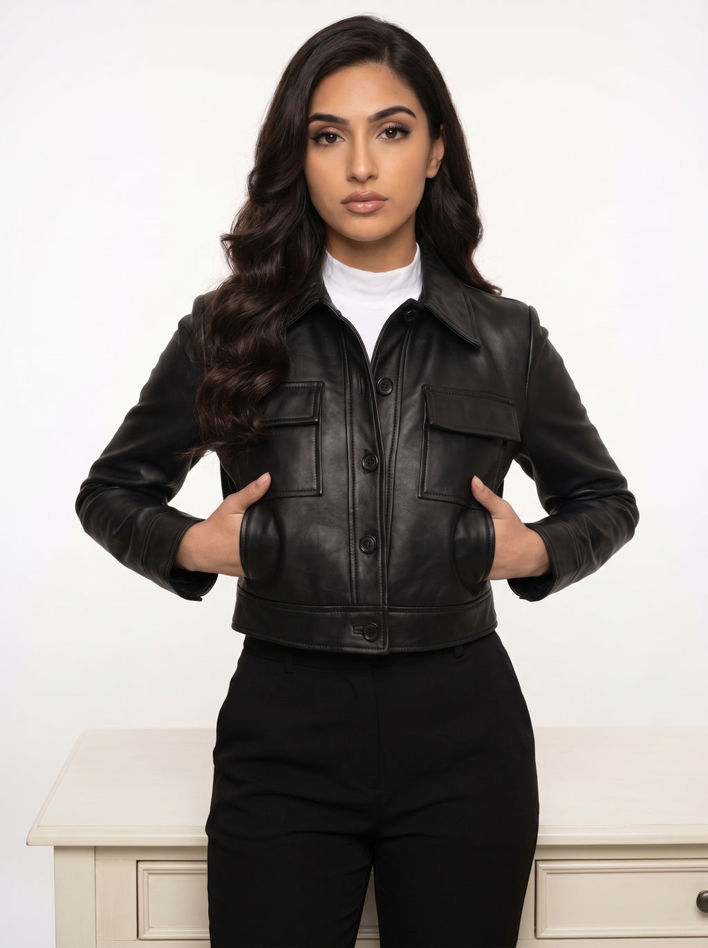 Frankie — women's black genuine leather cropped jacket, styled view | Not A Gentleman