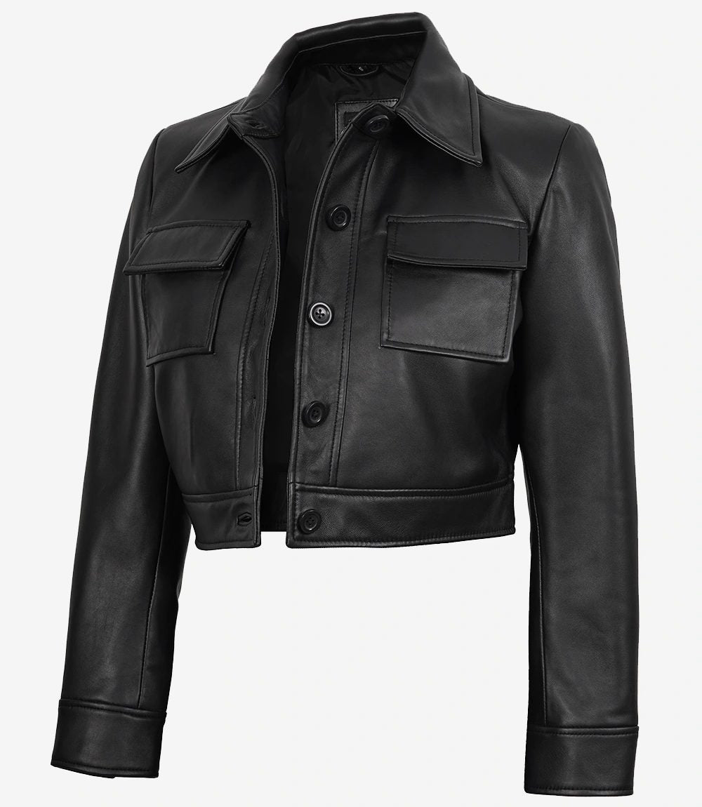 Frankie — women's black genuine leather cropped jacket, three-quarter view | Not A Gentleman