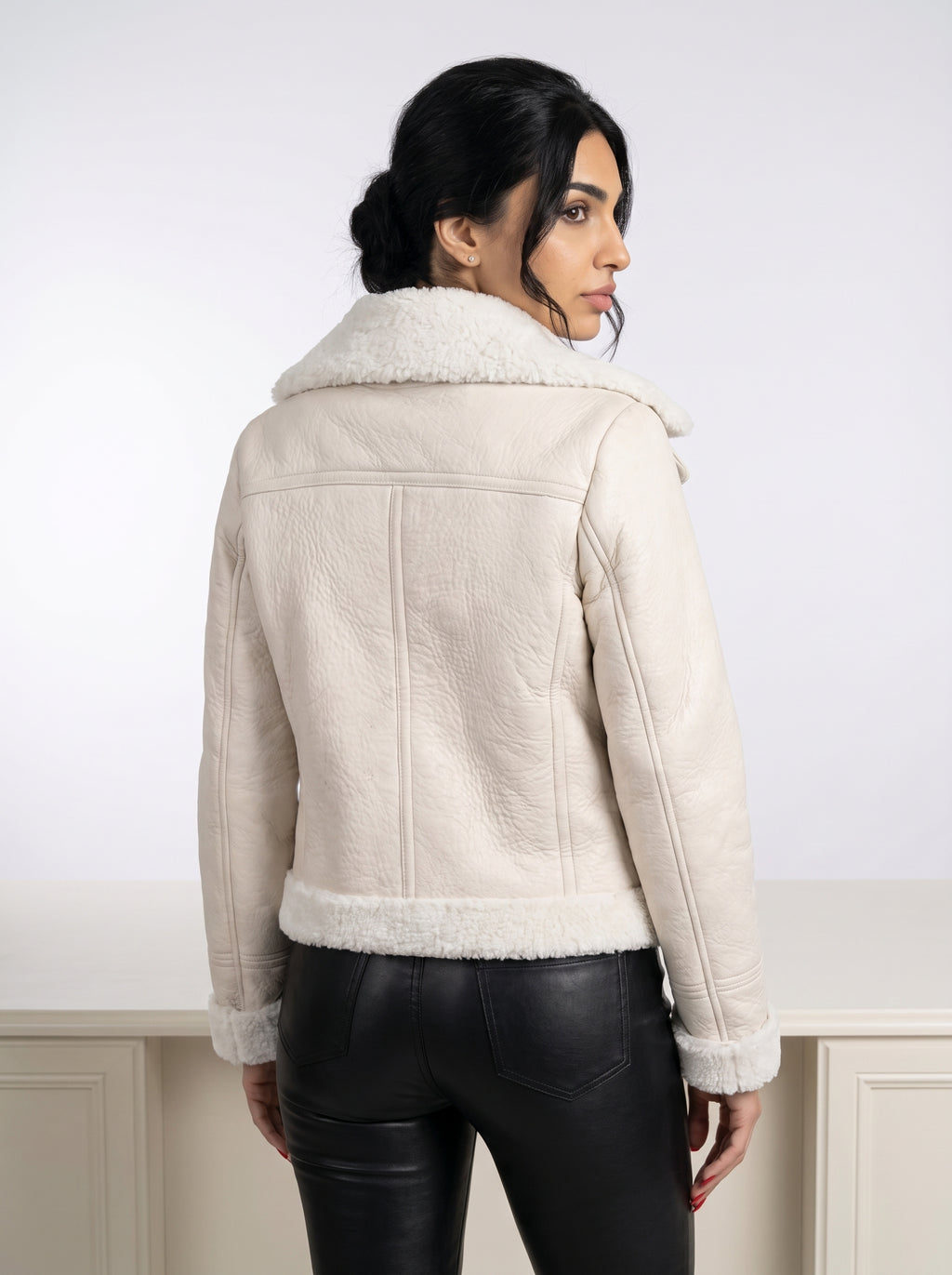 Frost — women's beige genuine leather jacket with shearling collar, back view | Not A Gentleman