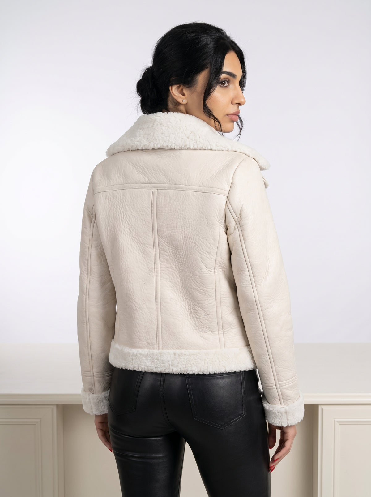 Frost — women's beige genuine leather jacket with shearling collar, back view | Not A Gentleman