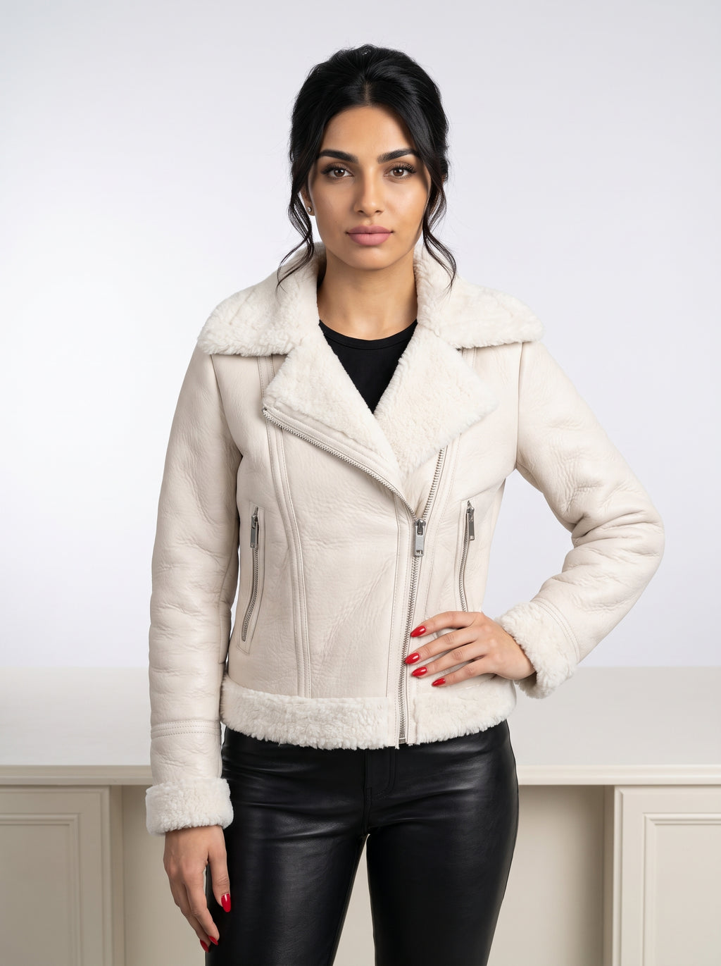 Frost — women's beige genuine leather jacket with shearling collar, front view | Not A Gentleman