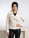 Frost — women's beige genuine leather jacket with shearling collar, front view | Not A Gentleman