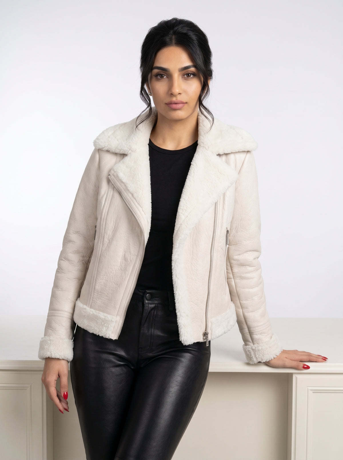 Frost — women's beige genuine leather jacket with shearling collar, styled view | Not A Gentleman