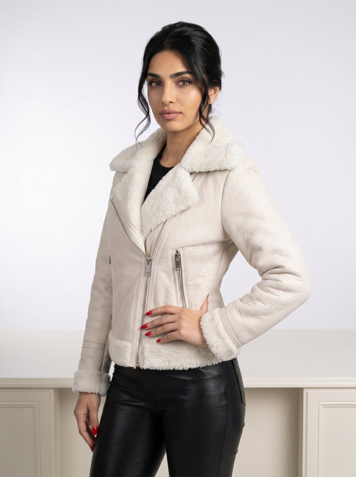 Frost — women's beige genuine leather jacket with shearling collar, three-quarter view | Not A Gentleman