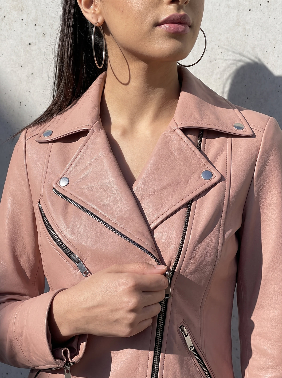 
Blush — women's pink genuine leather jacket  detail | Not A Gentleman