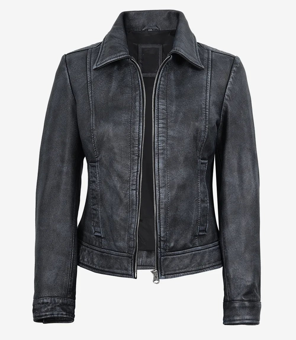 Roma — women's washed black genuine leather jacket, front view, dummy open| Not A Gentleman