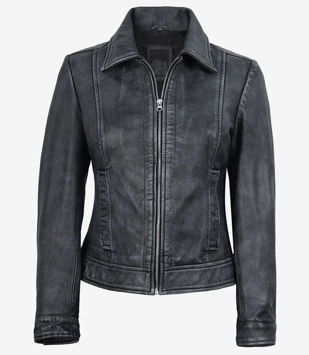 Roma — women's washed black genuine leather jacket, front view, dummy zipped| Not A Gentleman