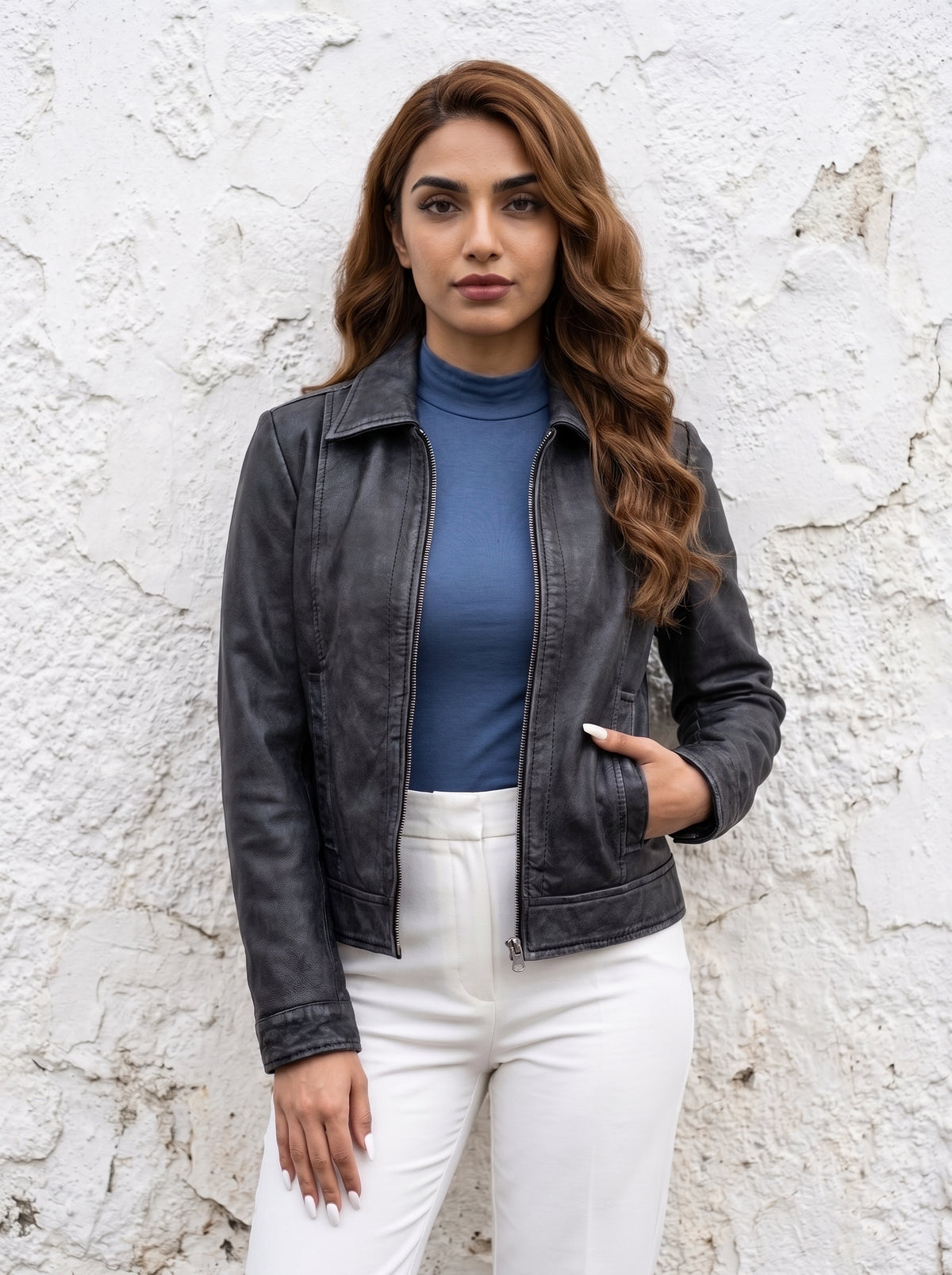 Roma — women's washed black genuine leather jacket, front view | Not A Gentleman