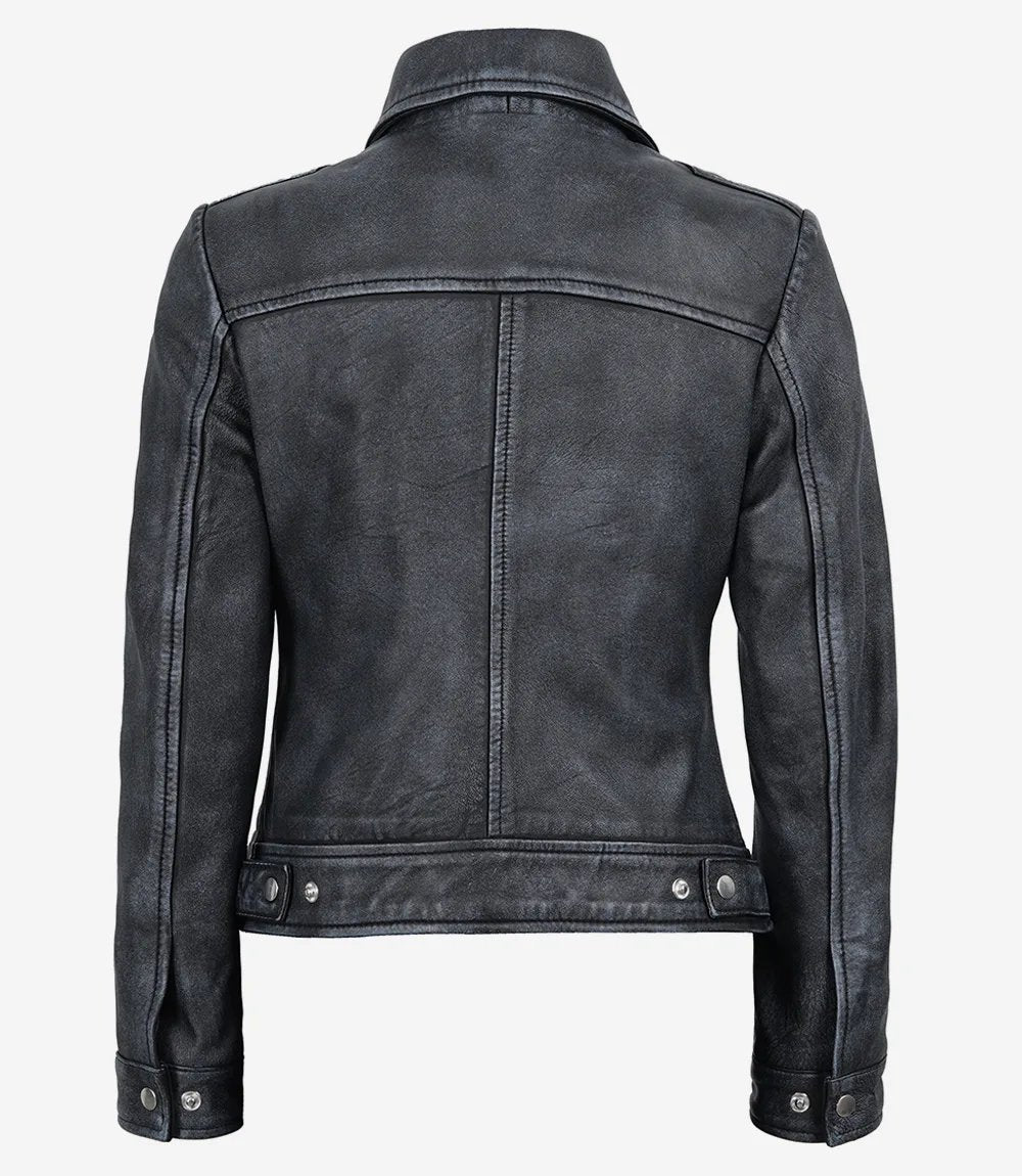 Roma — women's washed black genuine leather jacket, back view | Not A Gentleman