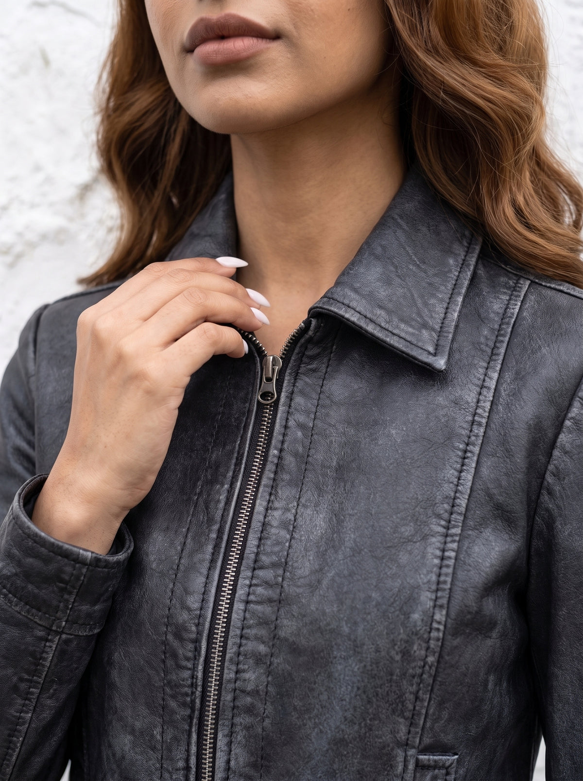 Roma — women's washed black genuine leather jacket, shirt collar detail | Not A Gentleman