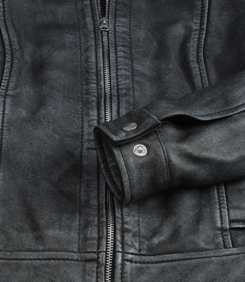 Roma — women's washed black genuine leather jacket, snap button cuff detail | Not A Gentleman