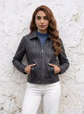 Roma — women's washed black genuine leather jacket, front view zipped | Not A Gentleman