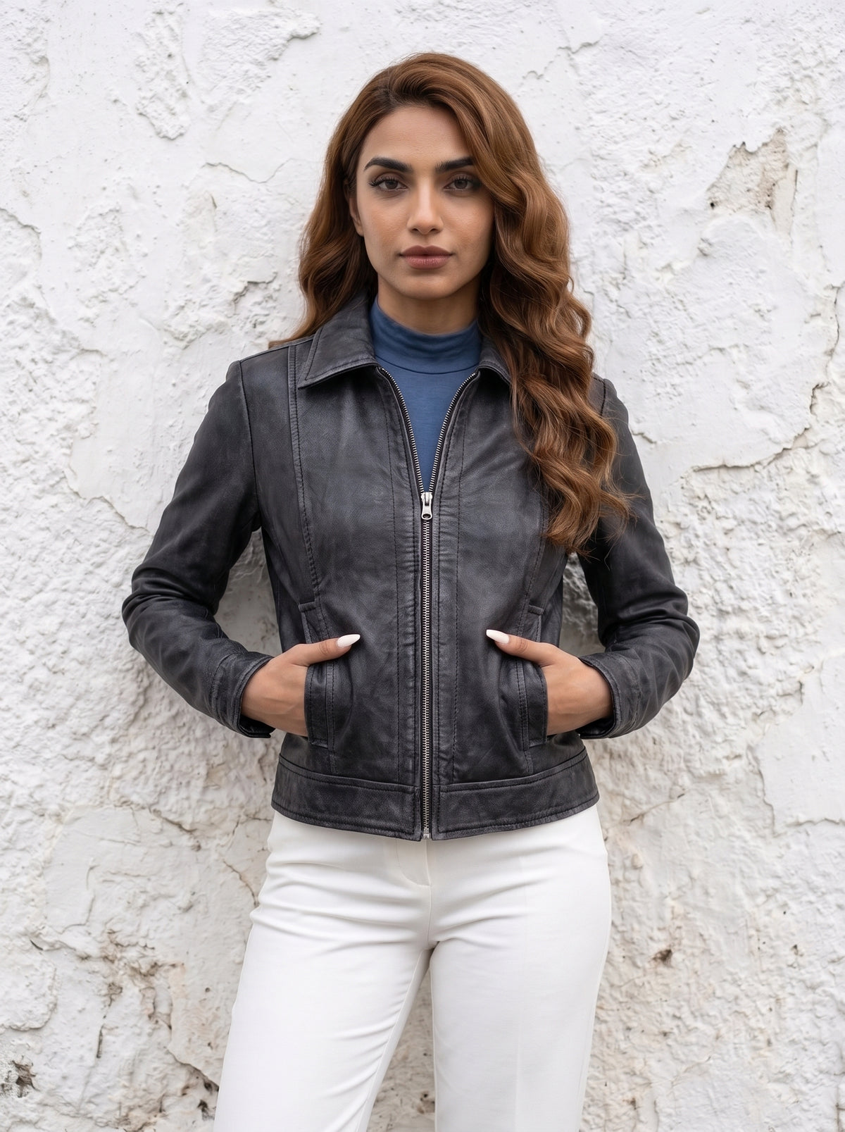 Roma — women's washed black genuine leather jacket, front view zipped | Not A Gentleman
