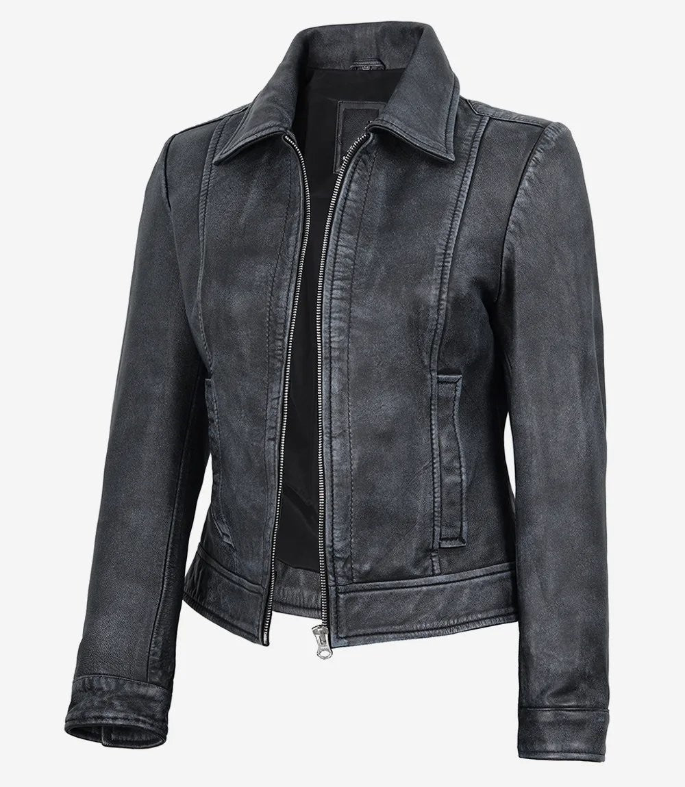 Roma — women's washed black genuine leather jacket, three-quarter view | Not A Gentleman