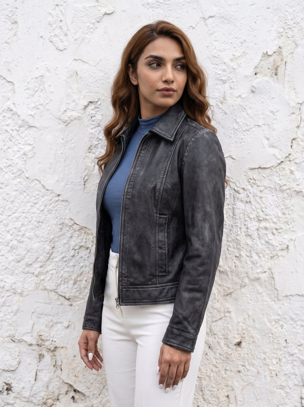 Roma — women's washed black genuine leather jacket, three-quarter view 2 | Not A Gentleman