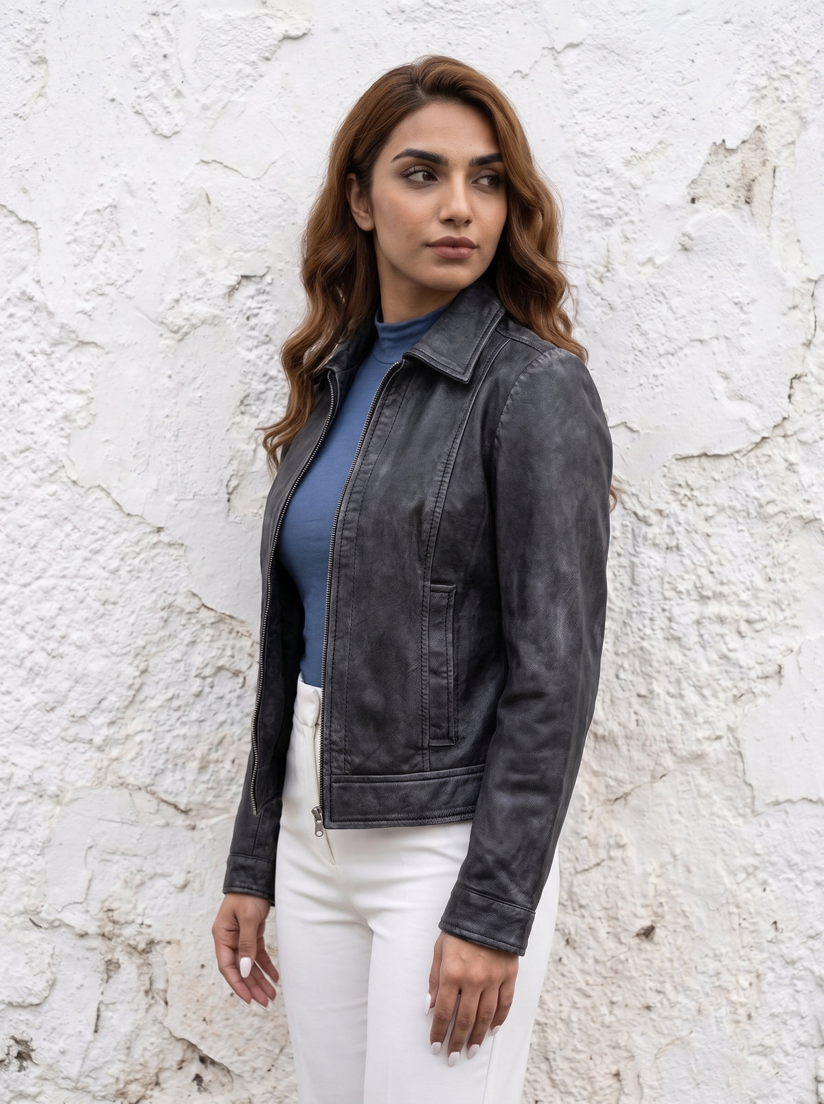 Roma — women's washed black genuine leather jacket, three-quarter view 2 | Not A Gentleman