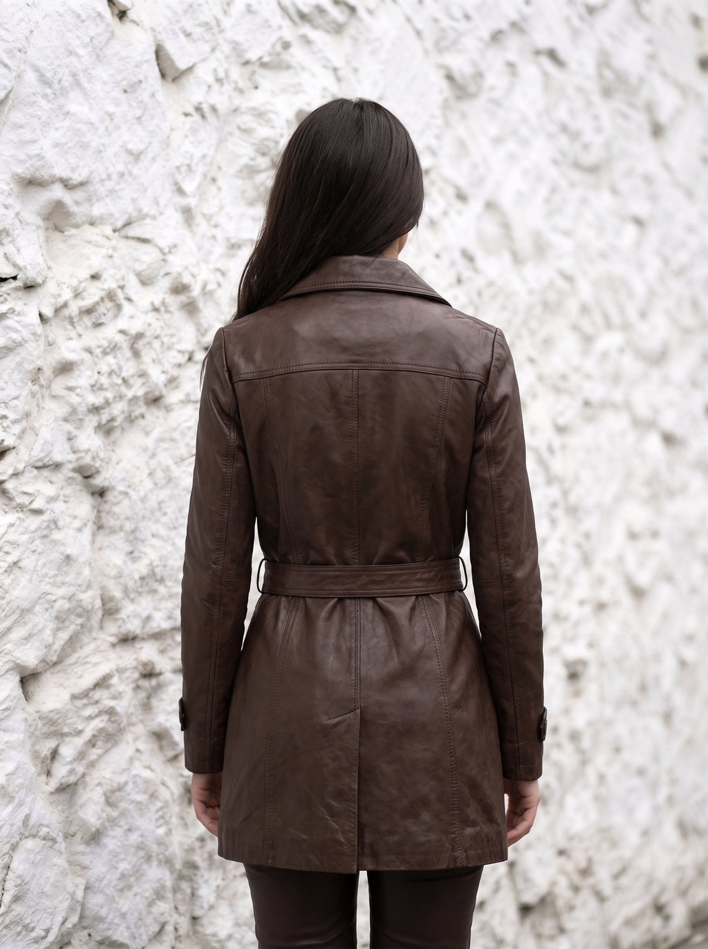Victoria — women's brown genuine leather trench coat, back view | Not A Gentleman