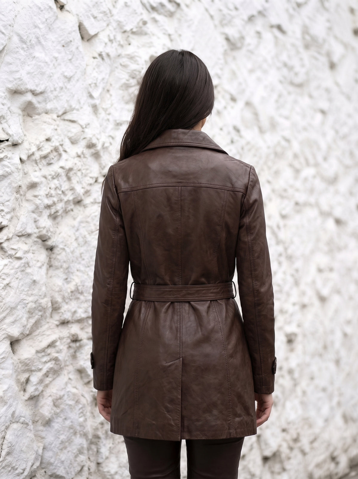Victoria — women's brown genuine leather trench coat, back view | Not A Gentleman