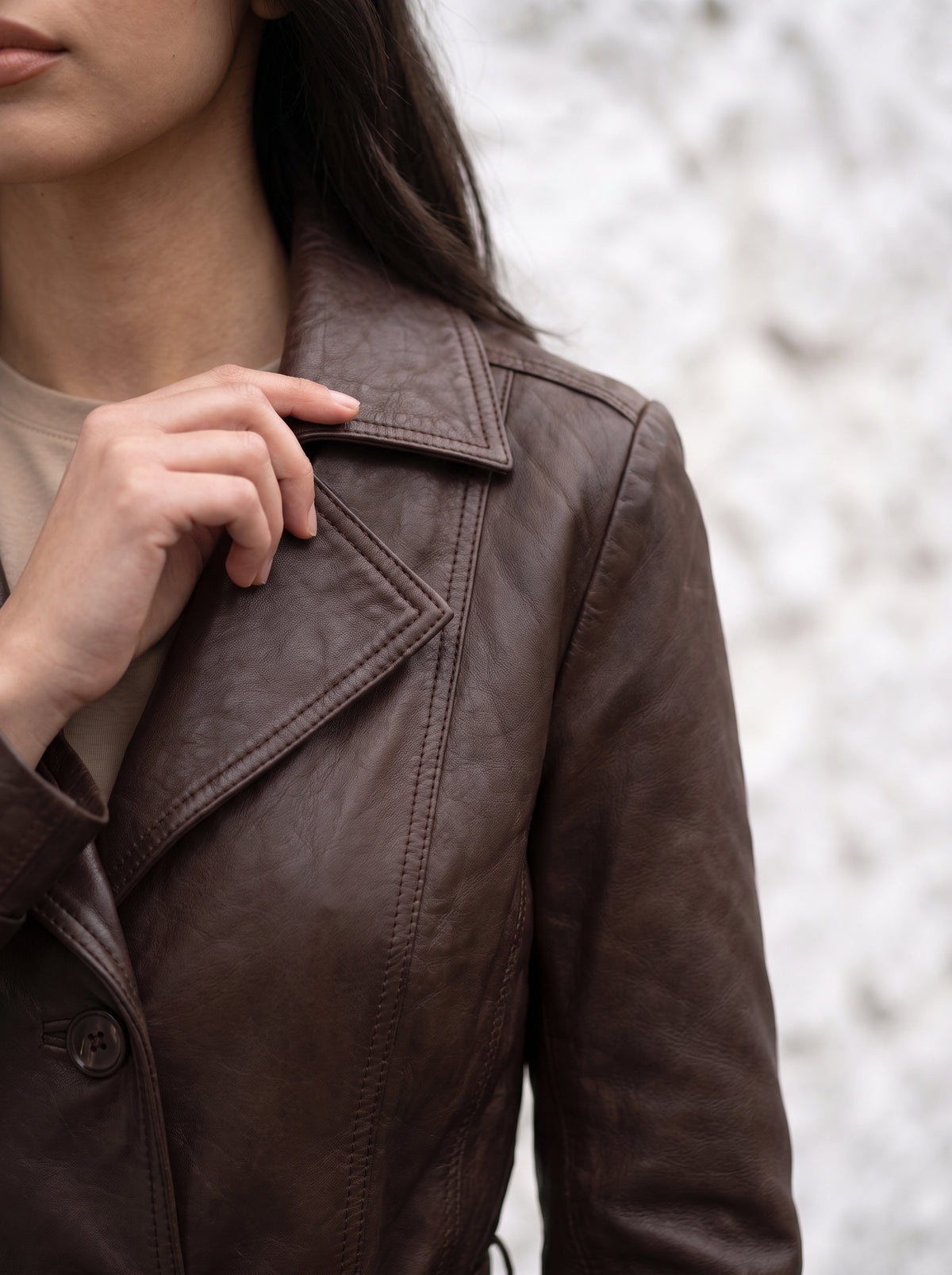 Victoria — women's brown genuine leather trench coat, lapel collar detail | Not A Gentleman