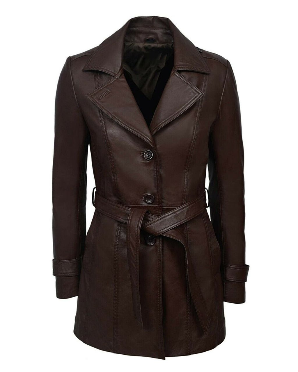 Victoria — women's brown genuine leather trench coat, front view dummy | Not A Gentleman