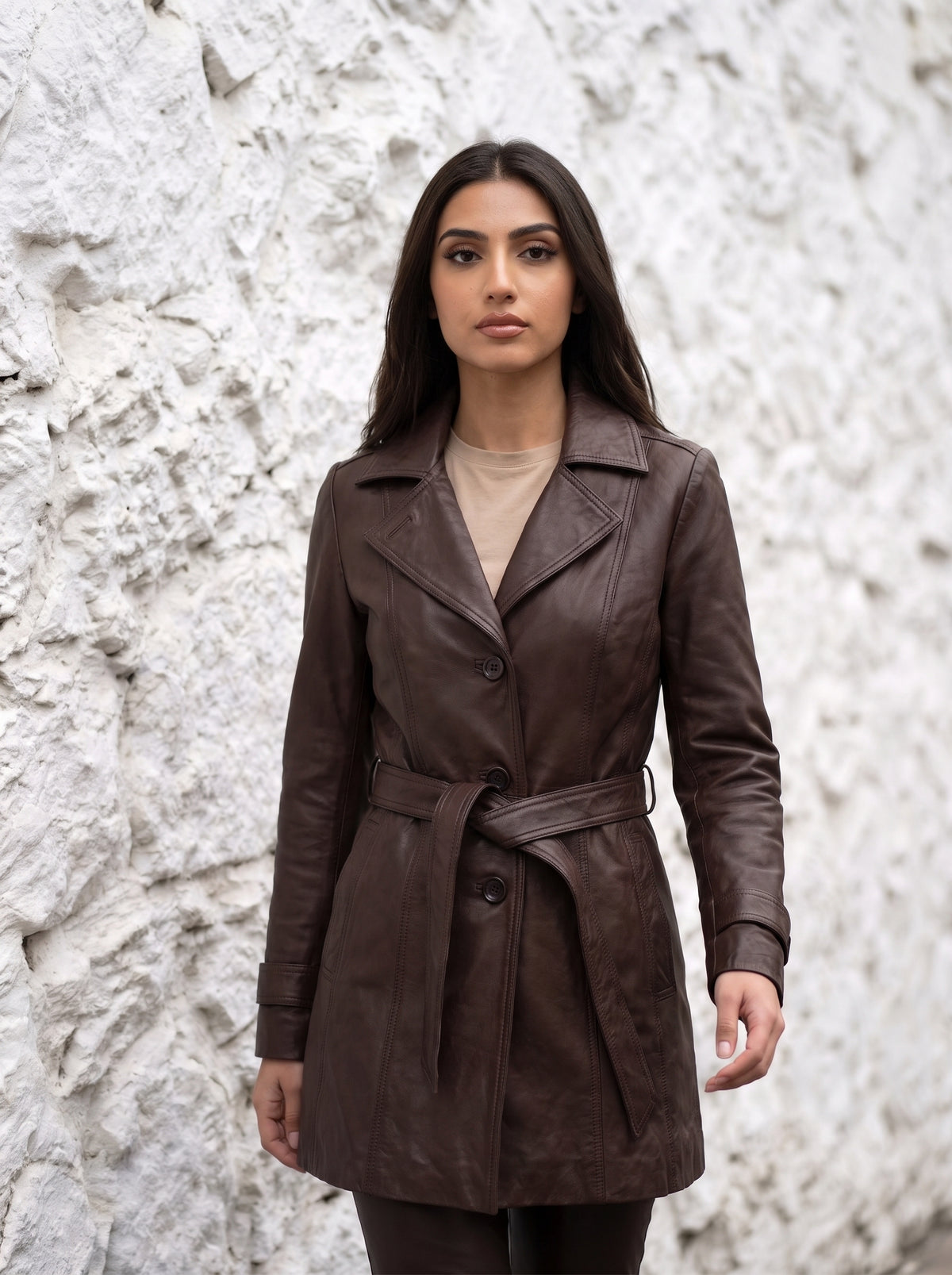
Victoria — women's brown genuine leather trench coat, front view | Not A Gentleman