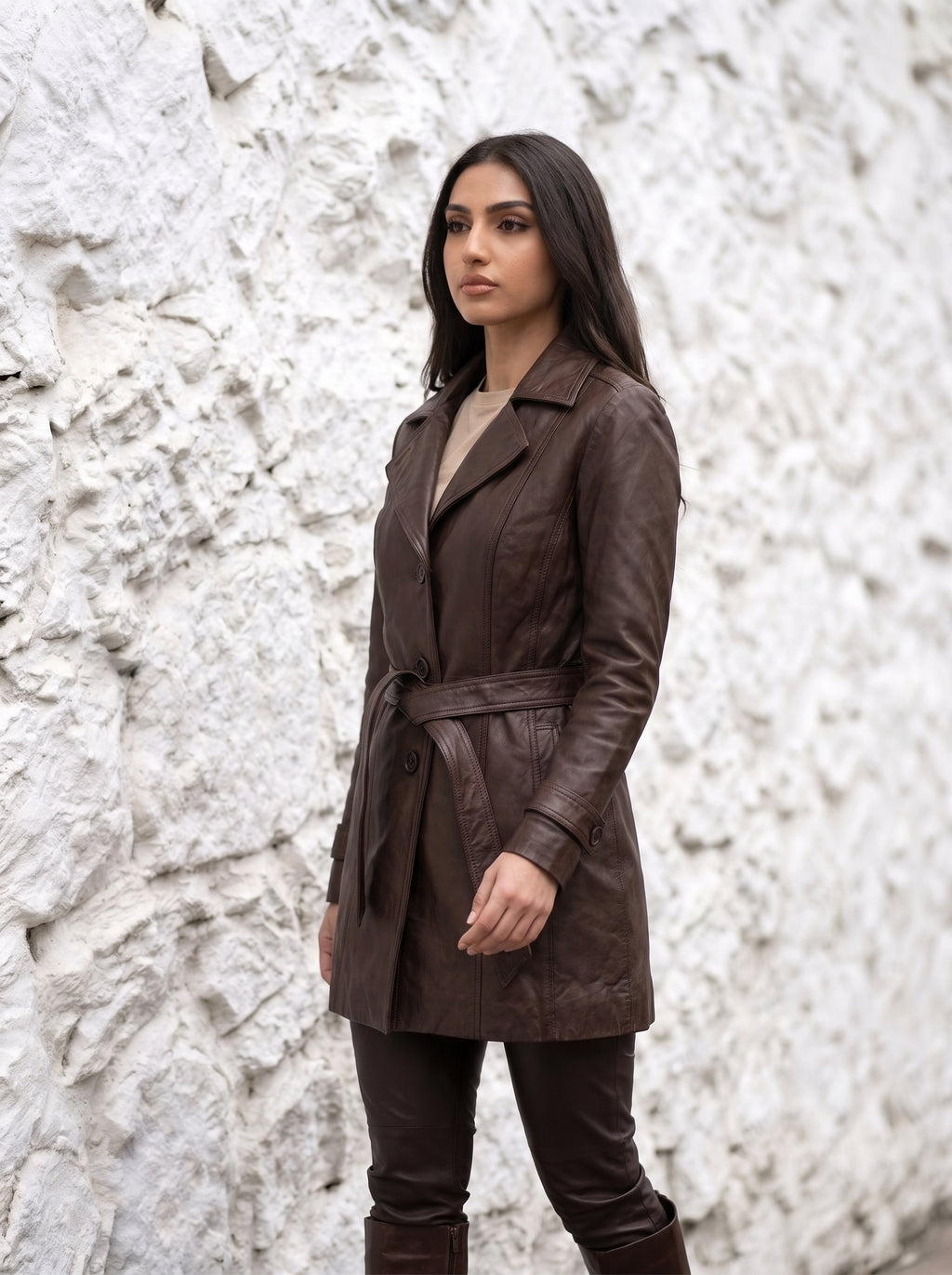 Victoria — women's brown genuine leather trench coat, three-quarter view | Not A Gentleman