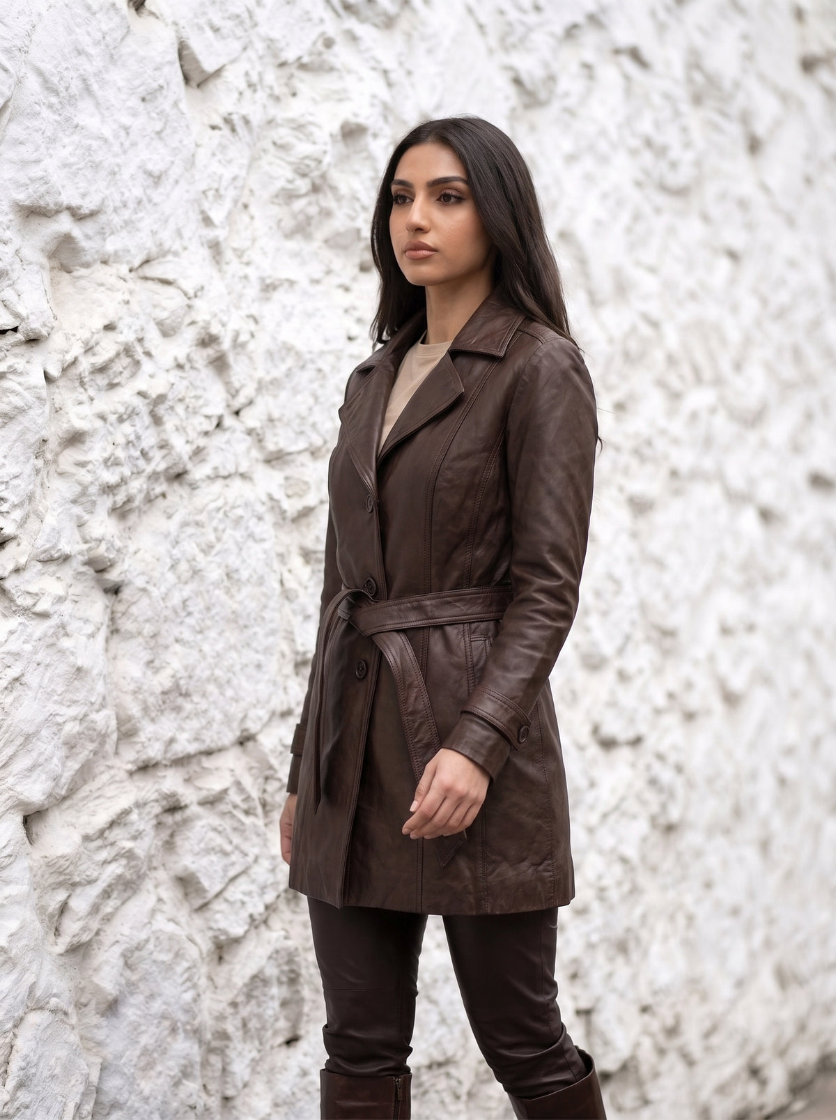 Victoria — women's brown genuine leather trench coat, three-quarter view | Not A Gentleman
